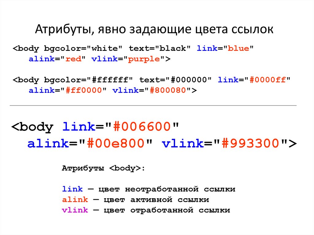 Список ссылок html. Цвет ссылки html. Цветная ссылка html. Атрибуты html. Теги и атрибуты html.