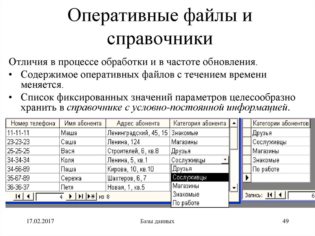 Виды информации в базе данных. Оперативные базы данных. Справочник в базе данных это.