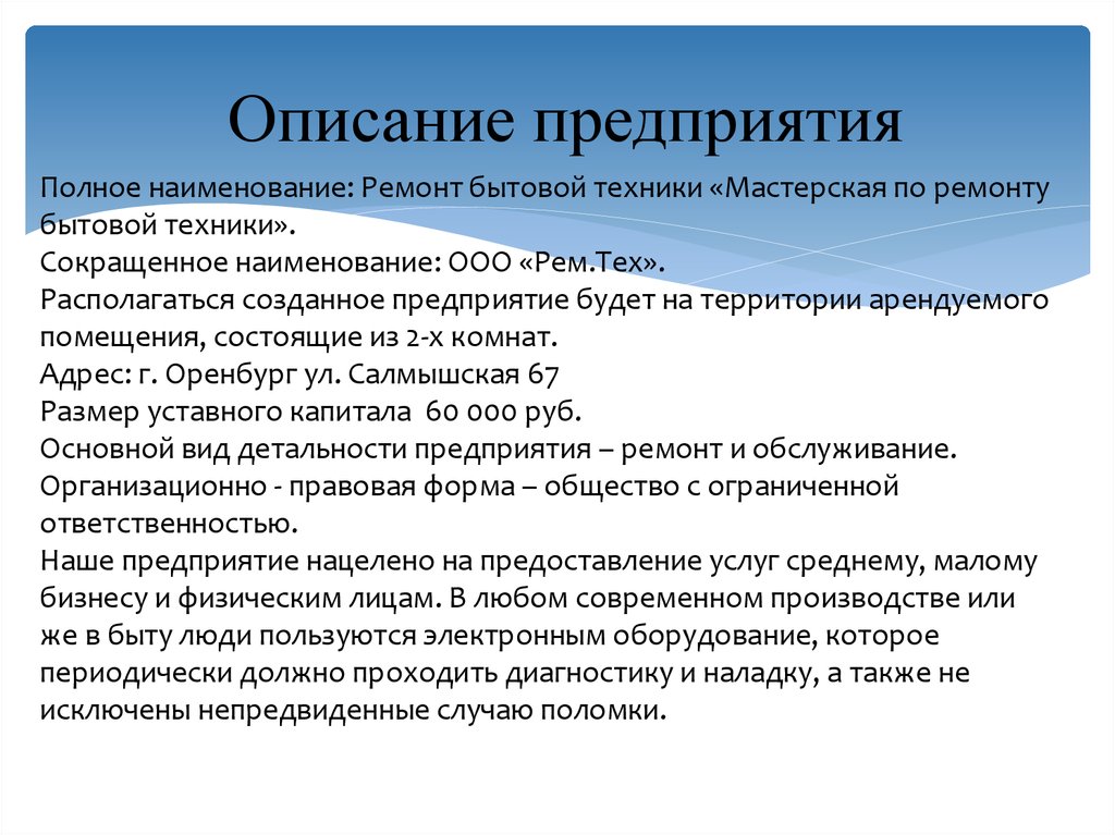 Описание деятельности компании образец