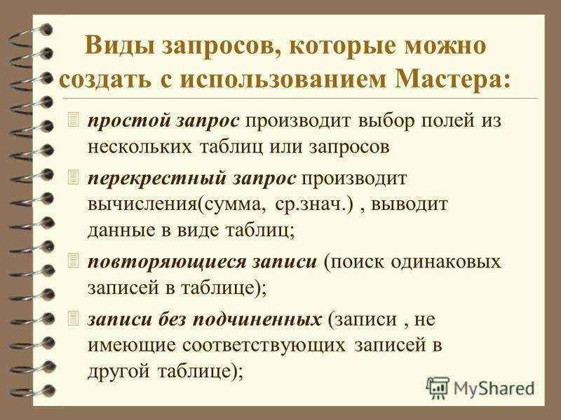 Виды запросов. Перечислите виды запросов. Назовите виды запросов информации. Какие виды запросов существуют.