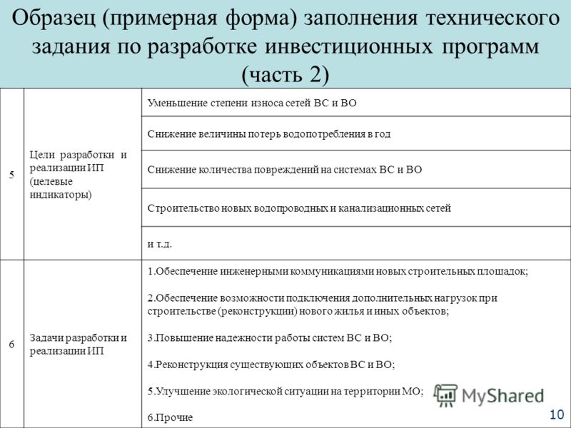 Образец заполнения технического задания