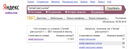 Как искать статистику ключевика в Yandex Wordstat по точному совпадению (используя кавычки)