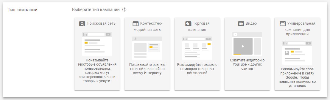 Типы кампаний в новом интерфейсе Google AdWords