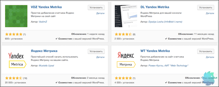 Различные плагины для установки Яндекс Метрики на WordPress