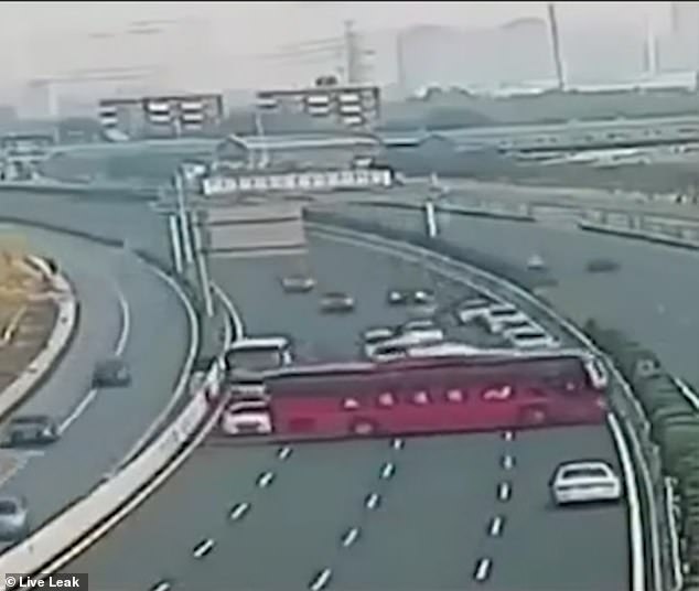 The massive vehicle spreads across the entire width of the motorway, stopping dozens of cars from passing