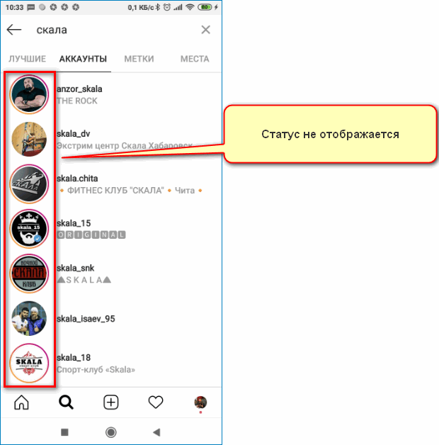 Статус в поиске Instagram