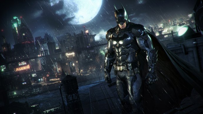 Главный герой серии игр Batman на фоне ночного города. Изображение сделано на игровой приставке Playstation 4