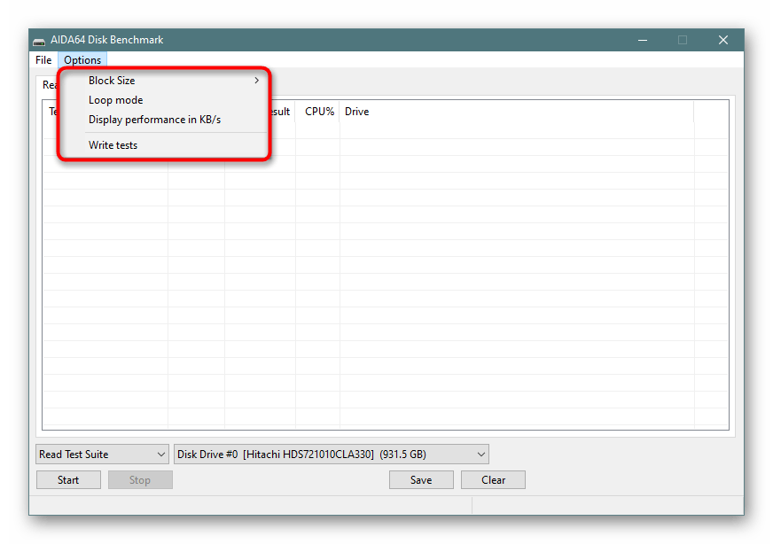 Настройки теста диска в AIDA64
