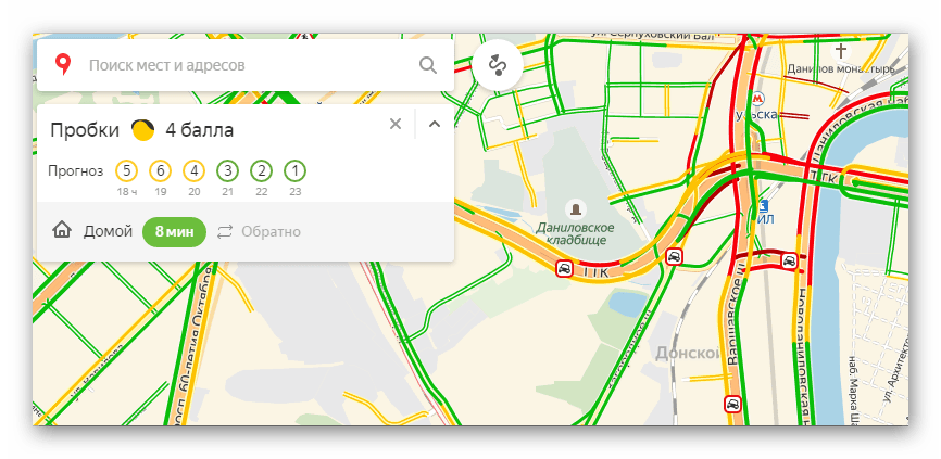 Страница меню Пробки в Яндекс.Картах