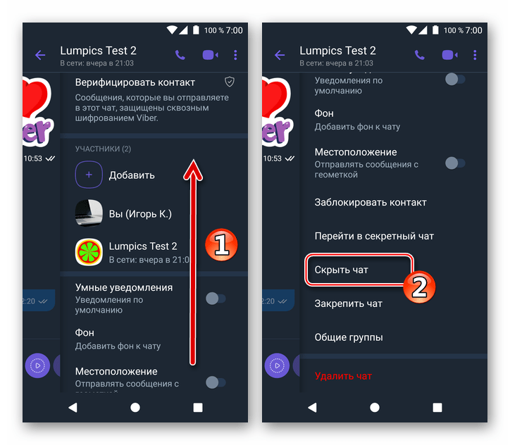 Viber для Android опция Скрыть чат в меню Информация диалога или группового чата