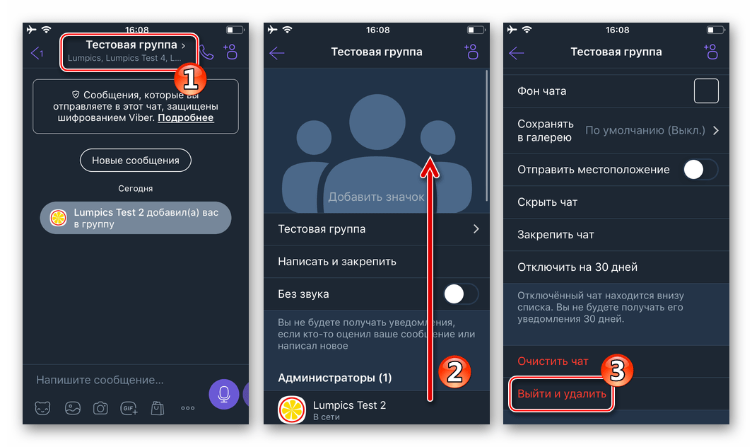 Viber для iPhone выход из группового чата - меню беседы - пункт Выйти и удалить