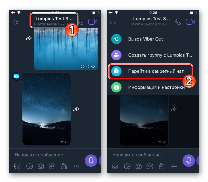 Viber для iOS - пункт Перейти в секретный чат в меню обычной беседы