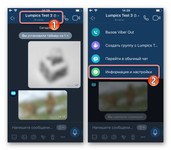Viber для iPhone вызов меню Информация и настройки в секретном чате