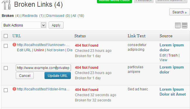 интерфейс плагина для WordPress Broken Link Checker