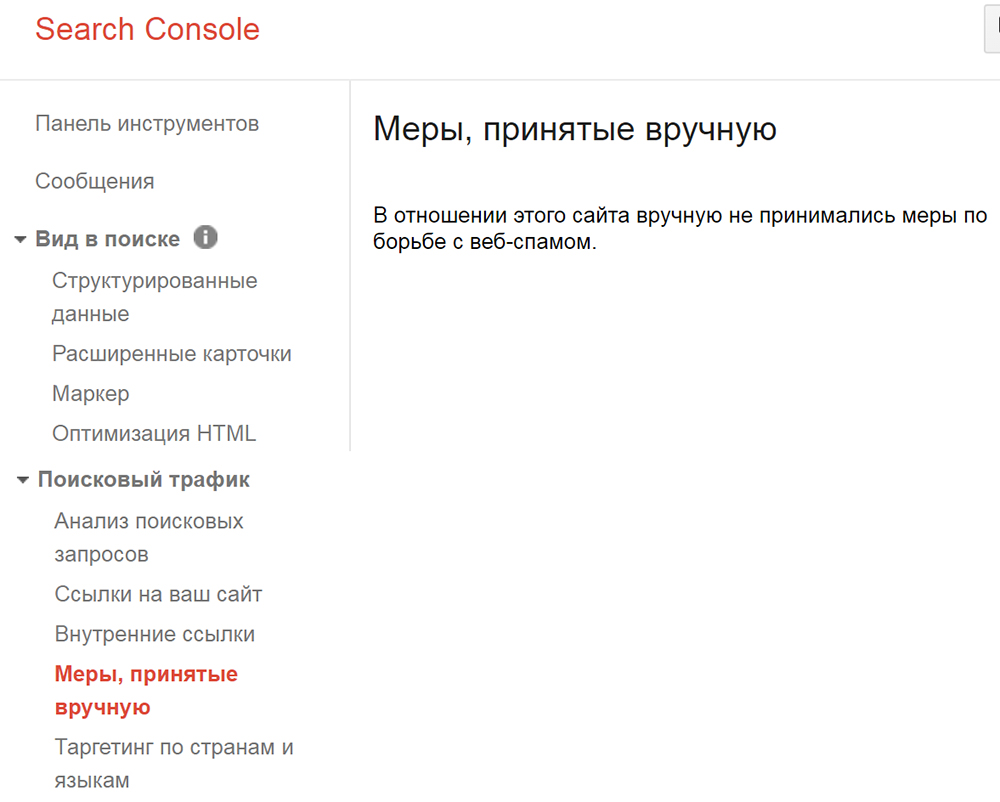 Меры, принятые в ручную - фото из Google Search Console