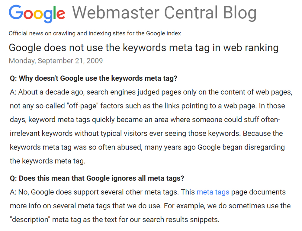 Заявление ПС Google о мета-таге keywords 