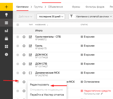 Редактирование параметров рекламной кампании в Яндекс.Директ