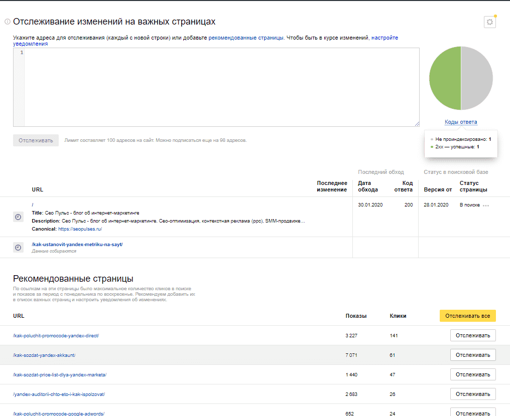 Мониторинг важных страниц в Яндекс.Вебмастер