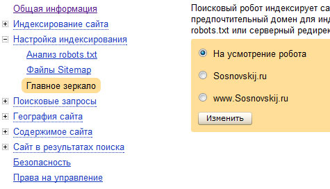 выбор главного зеркала в настройках Яндекс.Вебмастера