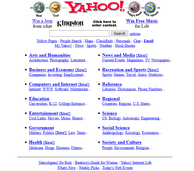 A screenshot of Yahoo in 1997