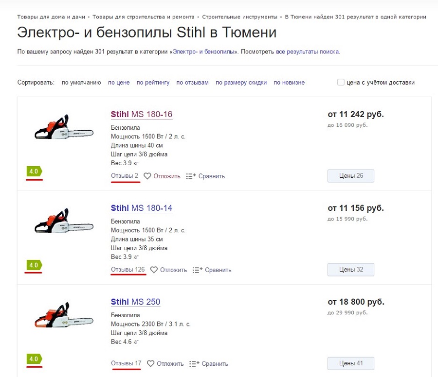 «Яндекс.Маркет». Из трех бензопил одна явно популярнее