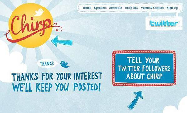 В этом примере Chirp просто говорит «спасибо» и предлагает клиентам рассказать о Chirp в Твиттере