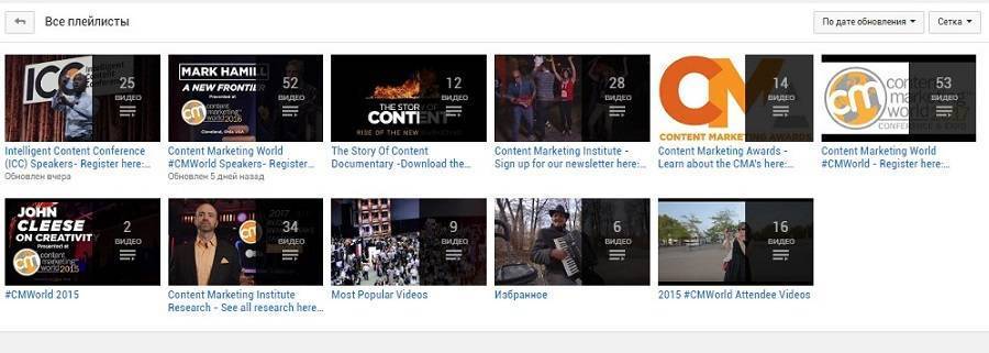 В качестве примера – плейлисты Youtube-канала Content Marketing Institute (плейлист для видео с конференций ICC и CMWorld, самые популярные видео и др.)