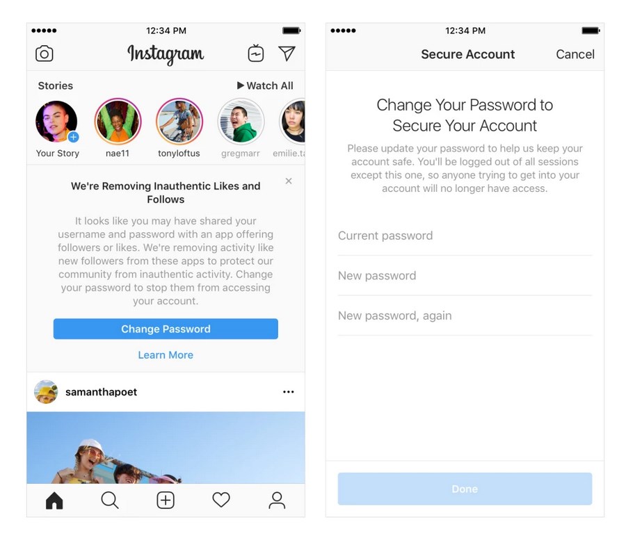 Instagram просит сменить пароль, чтобы сторонние сервисы потеряли доступ к аккаунту
