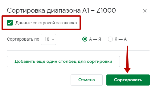 Как сортировать диапазон в Google Таблицах