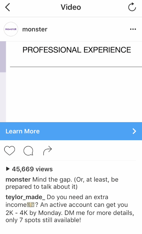 Реклама в Instagram, пример Monster