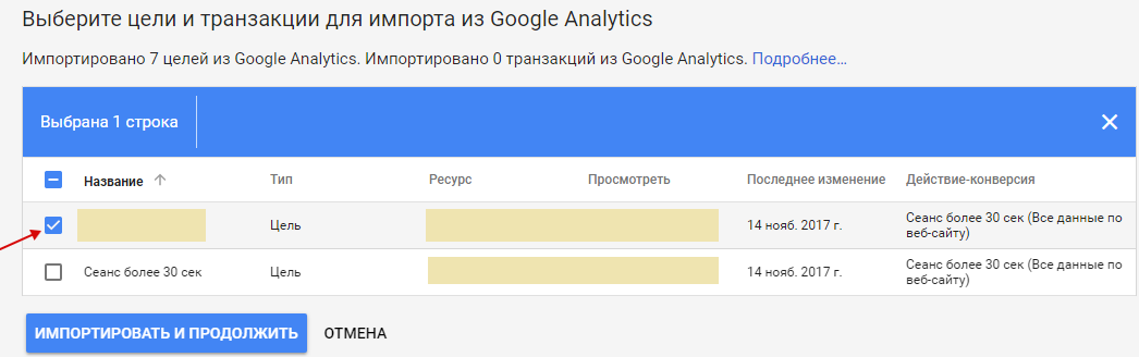 Анализ Google AdWords — выбор целей для импорта из Google Analytics