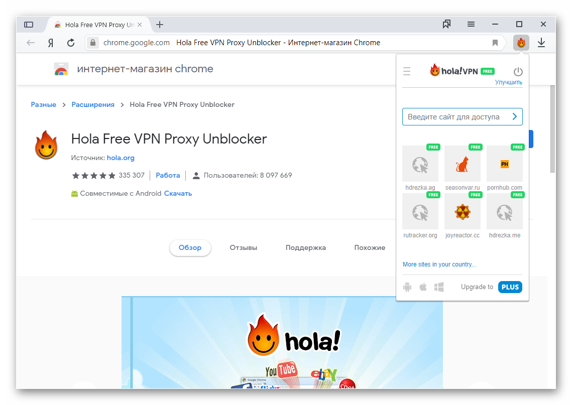 Общий вид расширения Hola VPN