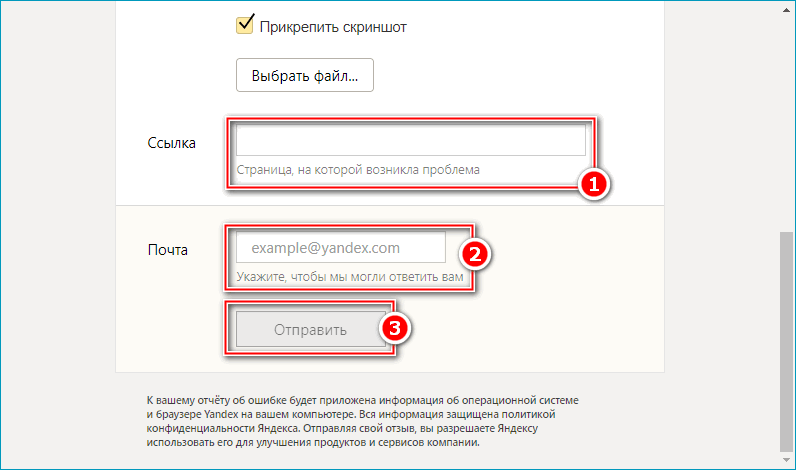 Дополнительные строки и кнопка отправки отчета в техподдержке Яндекс Браузера